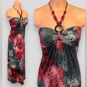 Vintage 90s Colorful Beaded Silver Jeweled and Gold Glitter Halter Style Dress